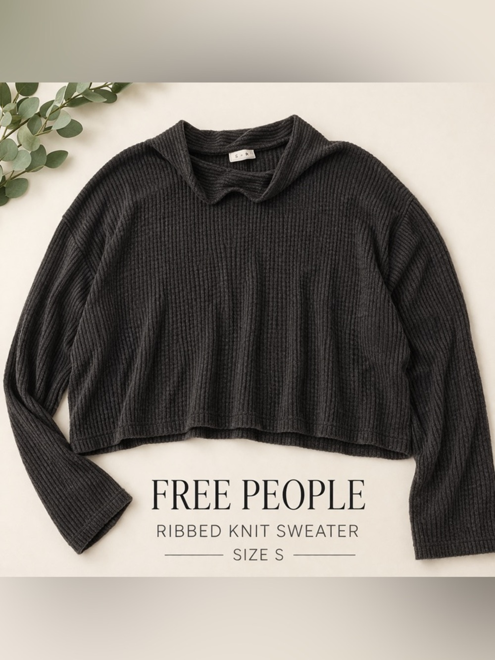 Free People Ribbed Knit Collared Sweater Cropped Dark Gray Size XS